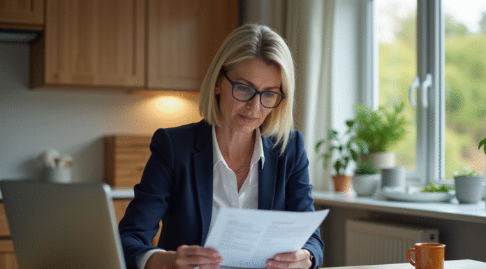 Fiscalité : Maison vendue, impôt à payer ? Femme d'âge moyen examinant des documents dans la cuisine