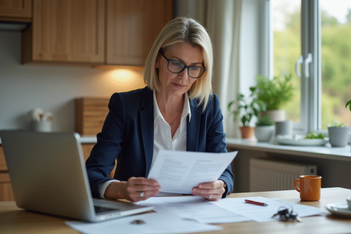 femme-dossier-kitchen Femme d'âge moyen examinant des documents dans la cuisine