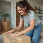 Argent pour déménager : astuces et conseils pour réussir son déménagement Jeune femme emballant des cartons dans un salon moderne