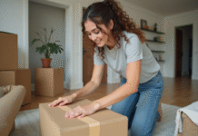 Argent pour déménager : astuces et conseils pour réussir son déménagement Jeune femme emballant des cartons dans un salon moderne