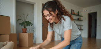 Jeune femme emballant des cartons dans un salon moderne
