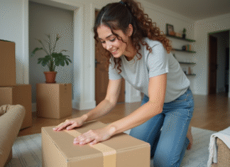 Jeune femme emballant des cartons dans un salon moderne