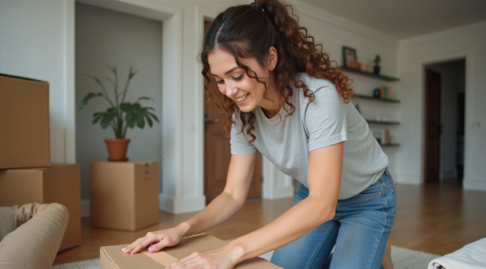 Argent pour déménager : astuces et conseils pour réussir son déménagement Jeune femme emballant des cartons dans un salon moderne