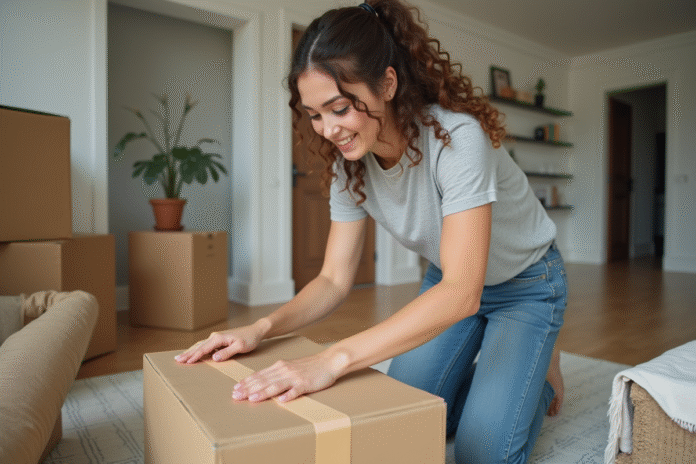 Jeune femme emballant des cartons dans un salon moderne