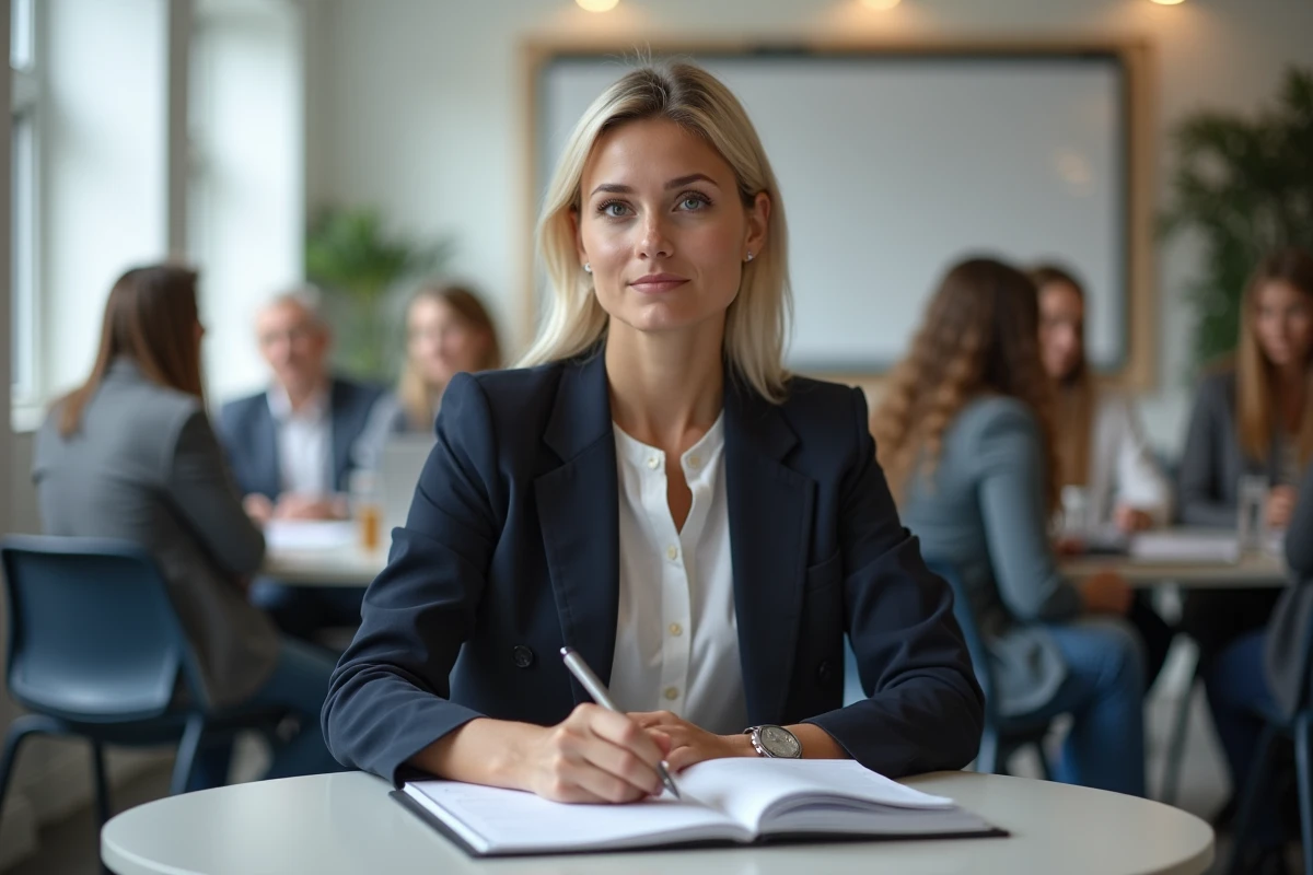 Femme assistant à une formation sur l'investissement immobilier sans apport en salle de séminaire