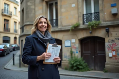 Femme en manteau et foulard tenant un clipboard avec annonces immobilières en ville