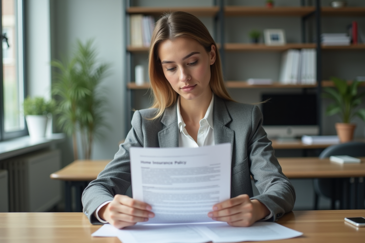Femme d affaires lisant une police d assurance maison