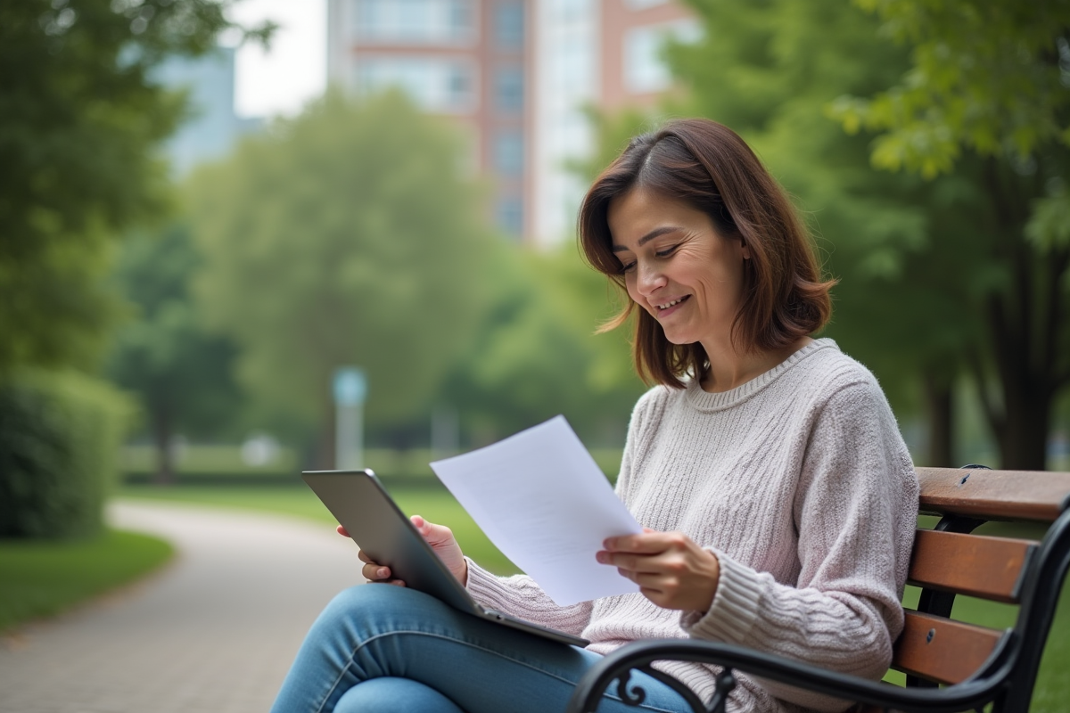 Femme lisant une lettre sur un banc dans un parc urbain