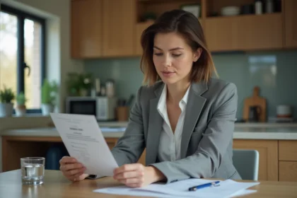 Femme lisant une notice dans une cuisine moderne