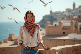 Femme marocaine portant foulard coloré sur les remparts d'Essaouira