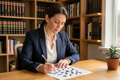 Femme résolvant une grille de mots croisés liée à la loi Duflot dans un bureau à domicile