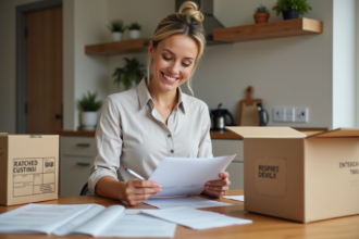 Femme souriante organisant des papiers dans la cuisine