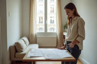 Femme consultant des plans d'appartement dans un studio parisien, cherchant à comprendre la différence entre T1 et T1bis