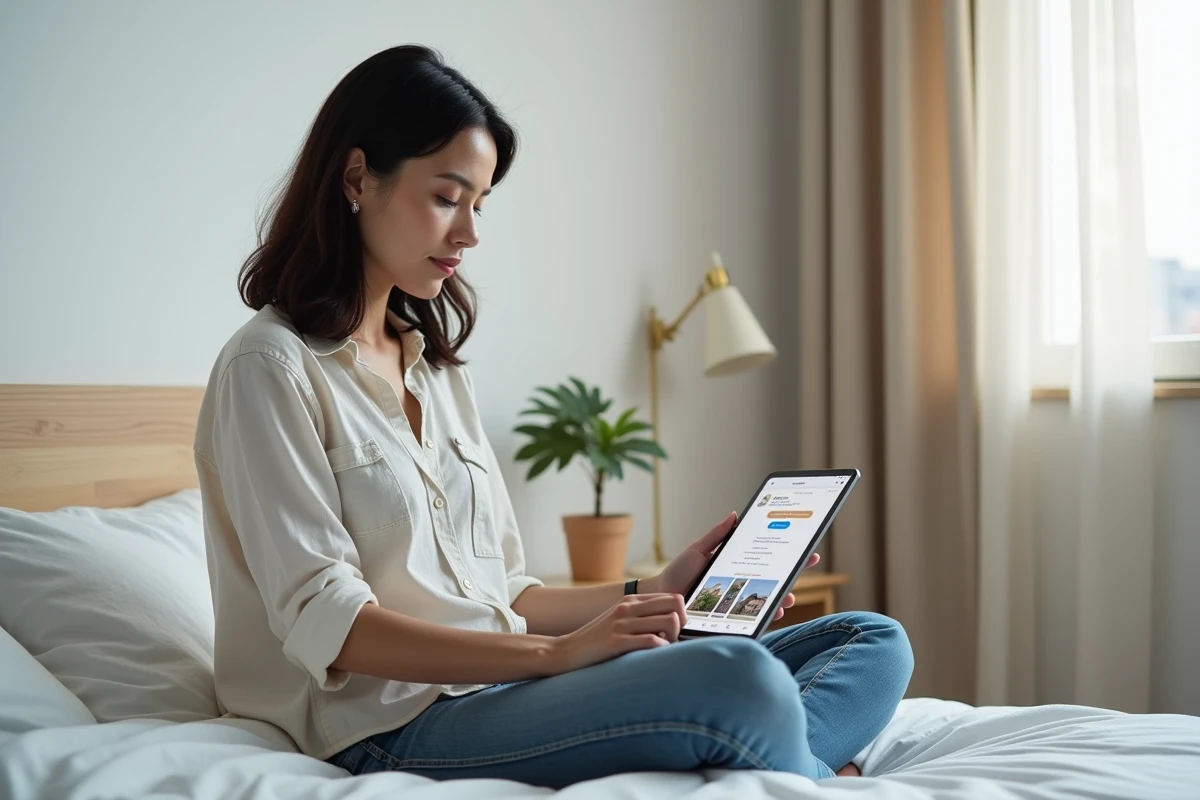 Jeune femme consultant une plateforme de petites annonces d'habitat partagé sur tablette dans une chambre meublée