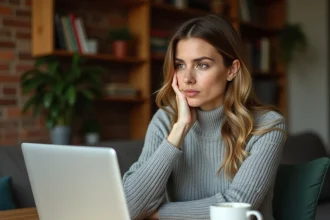 Femme consultant le site 123loger sur un ordinateur portable dans un appartement, expression dubitative face aux annonces de location
