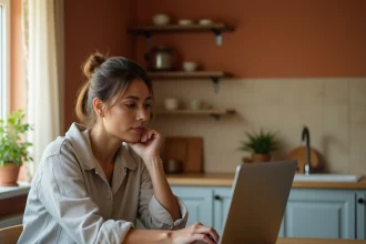 Femme cherchant une location de maison entre particuliers sur un ordinateur portable dans une cuisine chaleureuse