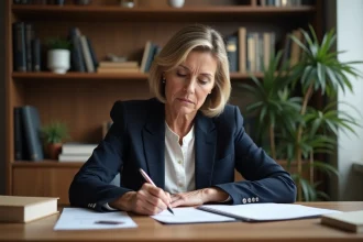 Femme en tenue professionnelle rédigeant une lettre de consignation de loyer à son bureau avec des documents juridiques