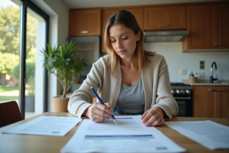 Femme relisant documents d'assurance logement à la maison