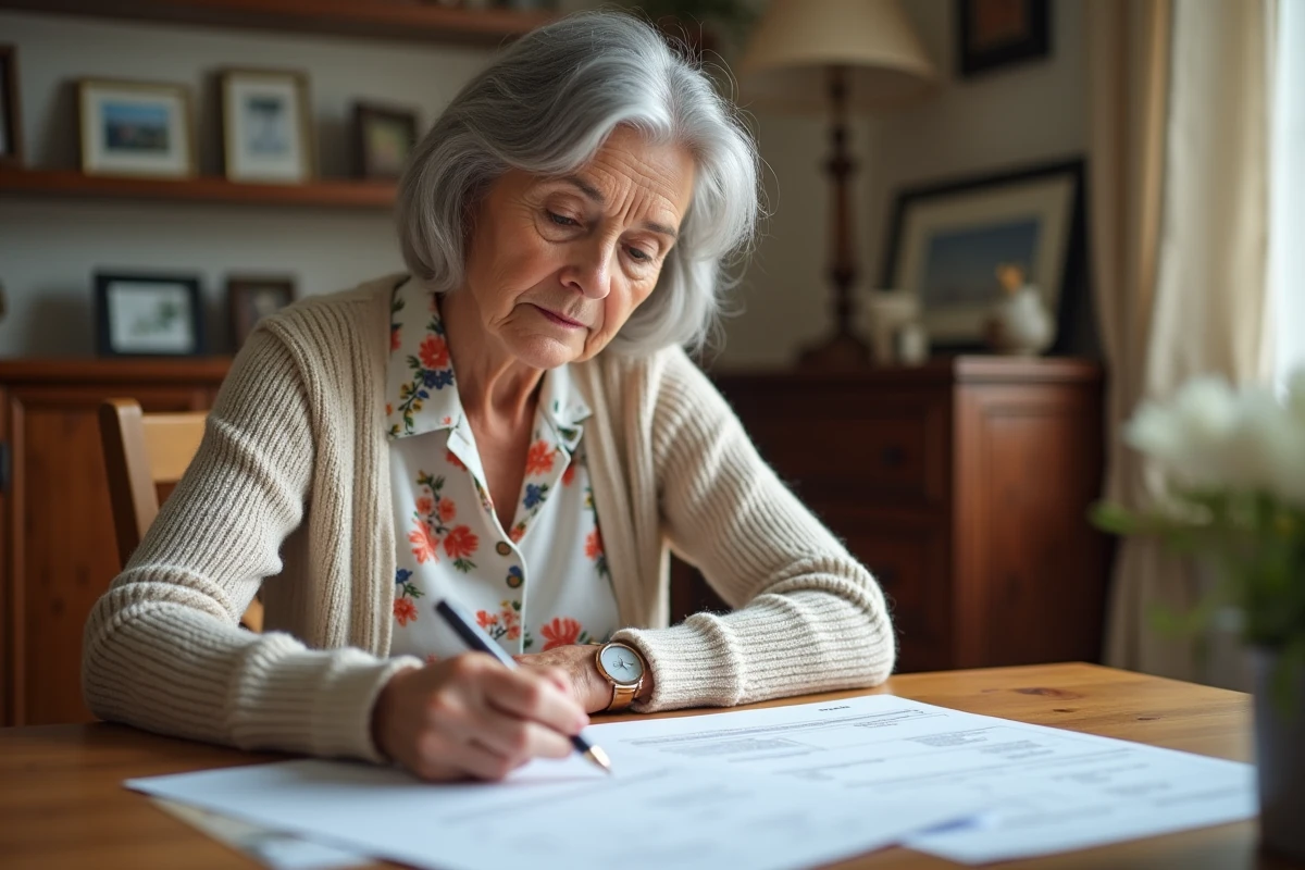 Femme retraitée examinant des documents fiscaux dans son appartement