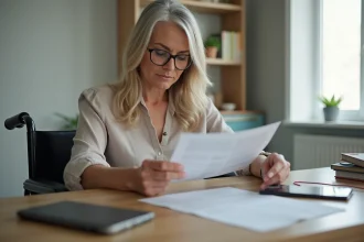 Femme senior en fauteuil lisant des documents dans un salon accessible
