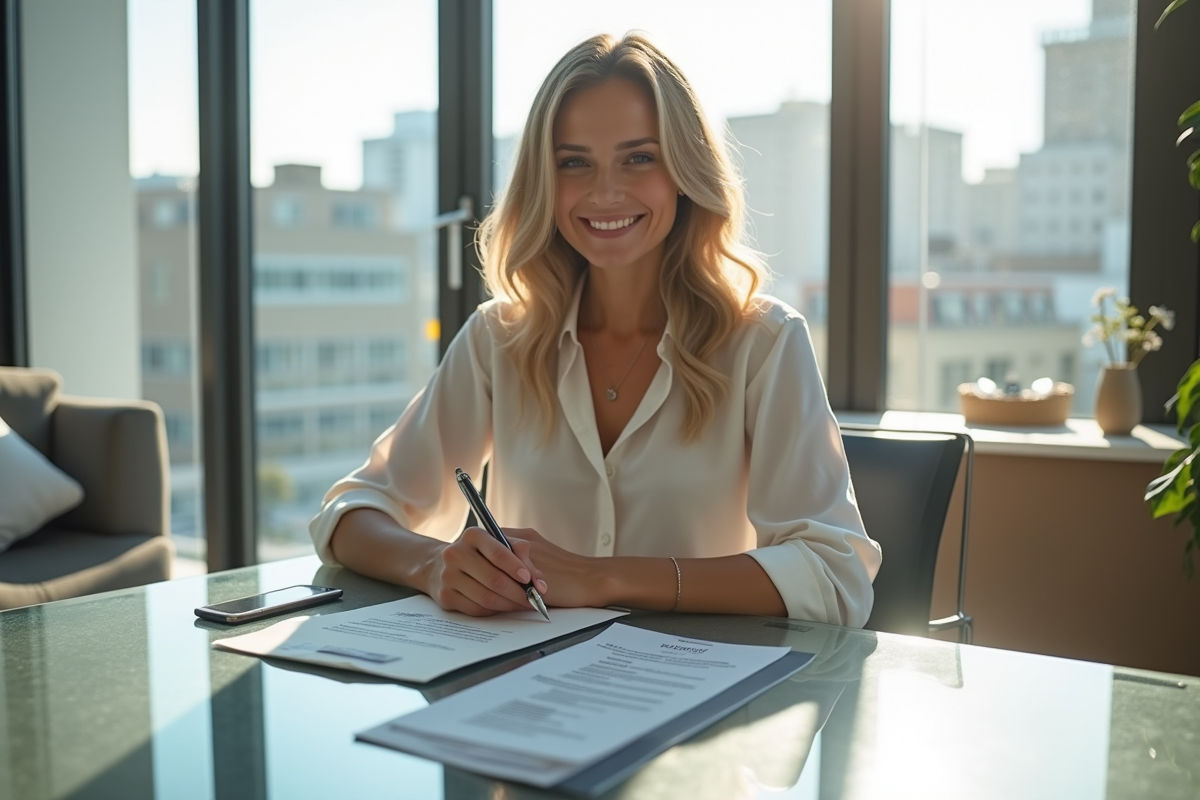 Jeune femme souriante signe un contrat immobilier dans un appartement