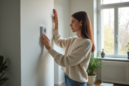 Jeune femme ajustant un thermometre digital dans un salon moderne