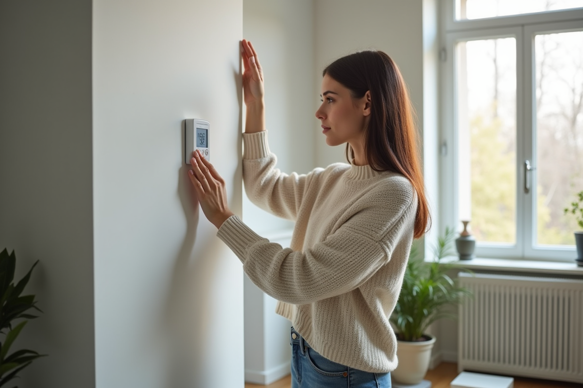Jeune femme ajustant un thermometre digital dans un salon moderne