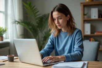 Femme assise à son bureau à la maison en train de taper sur son ordinateur