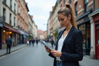 Femme professionnelle étudie une carte digitale en ville