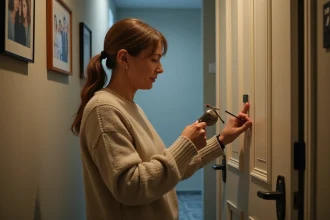 Femme examinant une porte d appartement moderne
