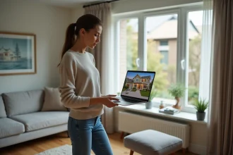 Femme regardant une visite virtuelle de maison sur son ordinateur