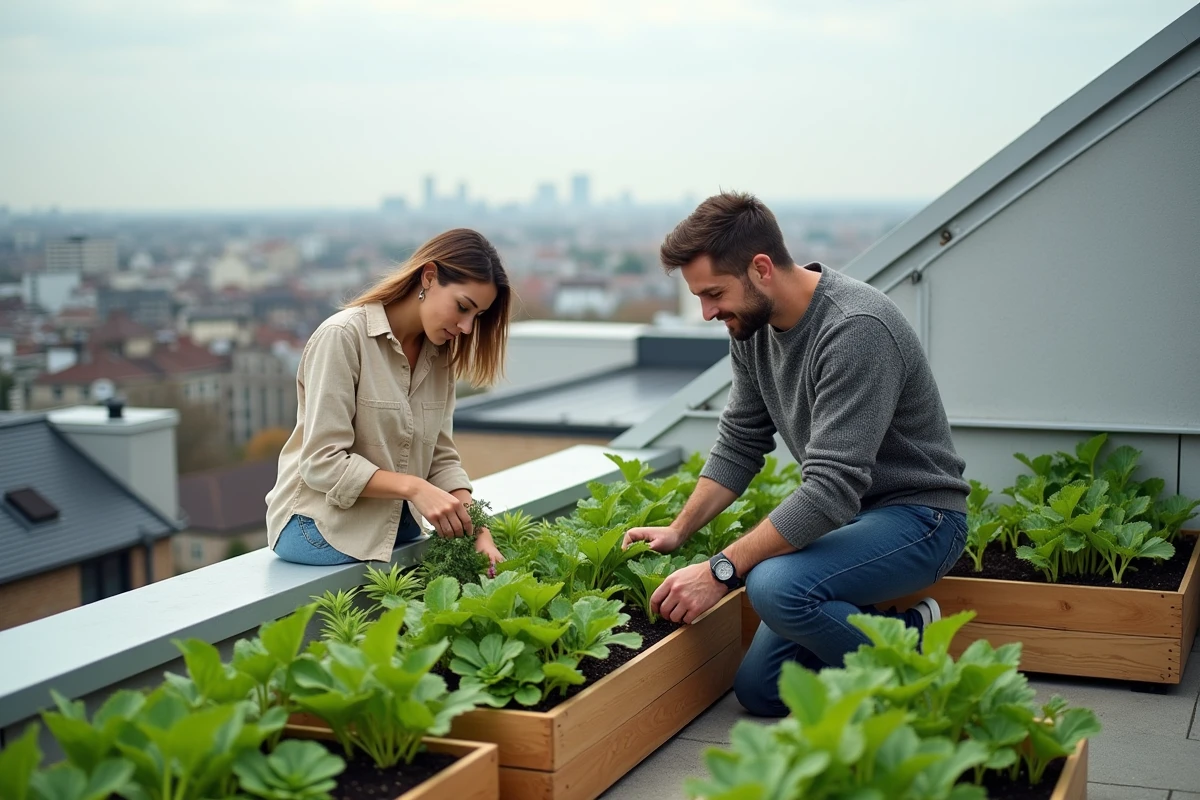 Ferme urbaine sur toit d'immeuble résidentiel durable avec vue panoramique sur une ville européenne