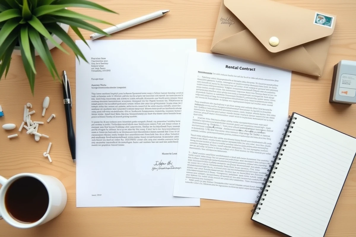 Vue aérienne d'une lettre de consignation de loyer avec contrat de bail et enveloppe recommandée sur un bureau