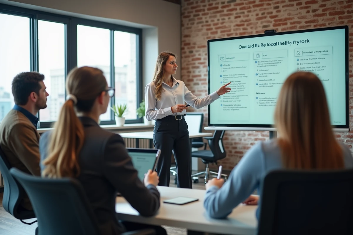 Jeune femme formant une équipe dans un bureau moderne