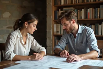 Frère et sœur discutant de documents immobiliers autour d'une table en bois dans une maison familiale en indivision