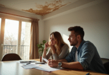 Couple inquiet examinant des taches d'eau au plafond d'un appartement moderne
