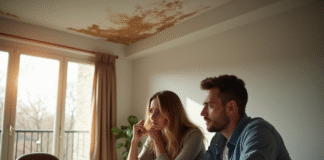 Couple inquiet examinant des taches d'eau au plafond d'un appartement moderne