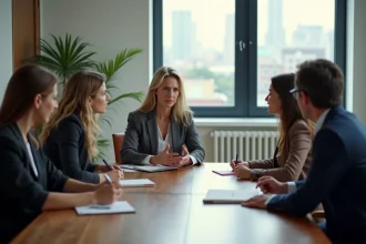 Réunion de copropriété avec participants en discussion animée