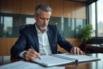 Gestionnaire immobilier en bureau avec dossiers et ville en arrière-plan