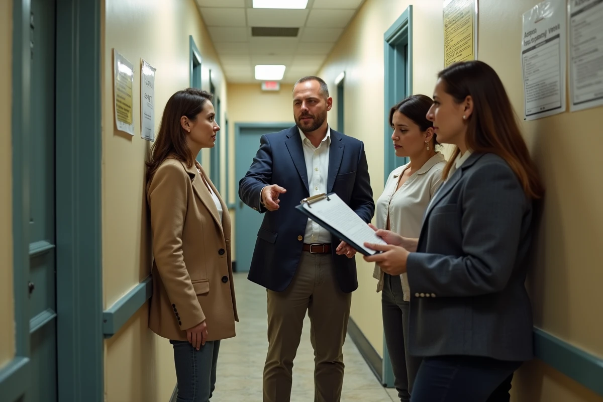 Gestionnaire et résidents discutant plomberie dans un couloir