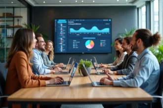 Groupe de collègues en réunion autour d'un tableau interactif