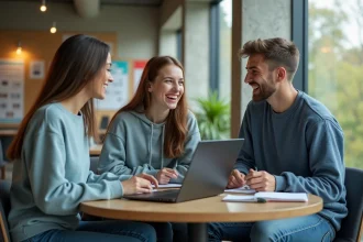 Trois étudiants universitaires rient ensemble dans un lounge moderne
