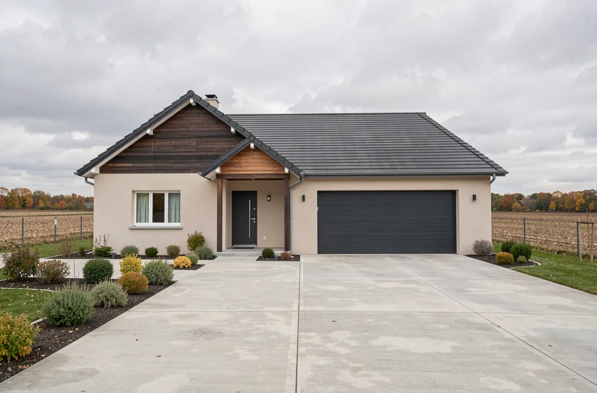 Maison individuelle avec garage intégré et bardage bois construite par Habitat Concept dans l'Aube