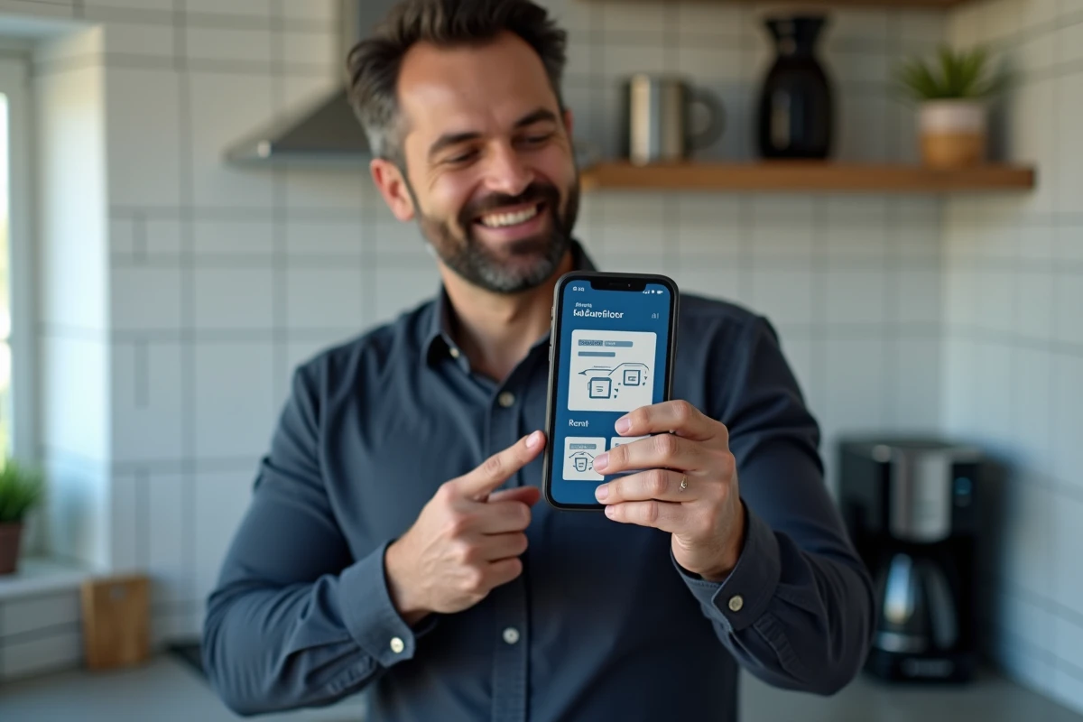 Homme accédant à ses documents de location et quittances de loyer sur l'application MyFoncia depuis son smartphone dans sa cuisine