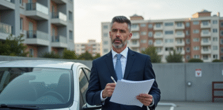 Homme d'affaires en costume dans un parking urbain