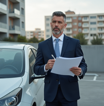 Homme d'affaires en costume dans un parking urbain
