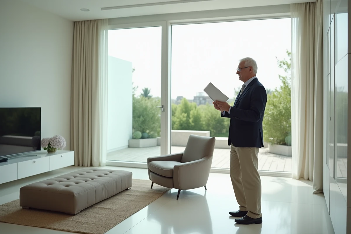 Homme âgé lit un brochure dans un appartement moderne lumineux