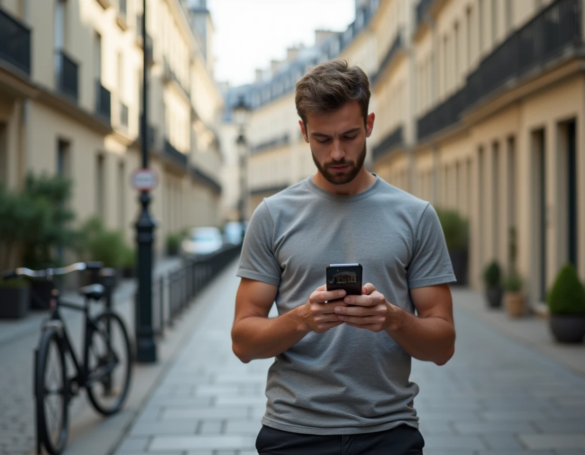 Jeune homme consultant une application de location entre particuliers sur smartphone dans une rue parisienne