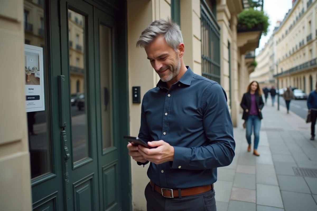 Homme consultant une application de location immobilière devant un immeuble parisien, comparant les plateformes LOC, LeBonCoin et PAP