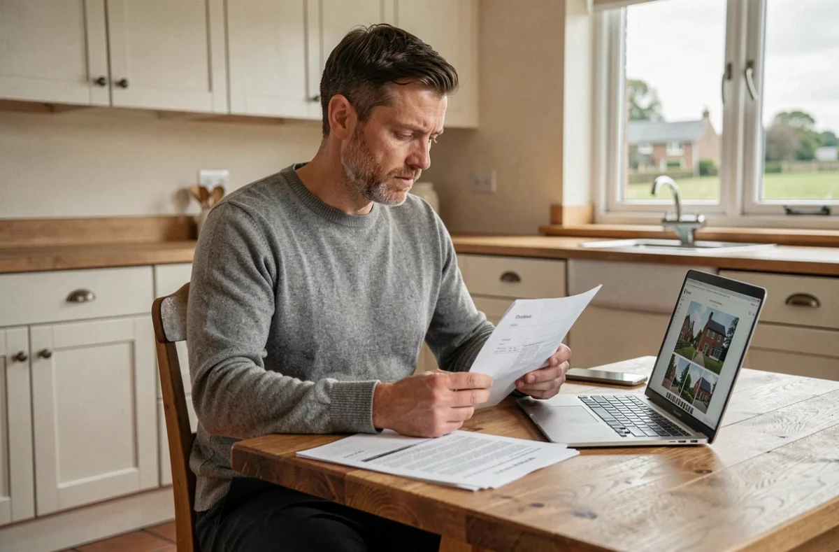 Homme consultant des documents immobiliers et annonces en ligne dans une cuisine normande lors d'une vente de maison urgente liée à un divorce